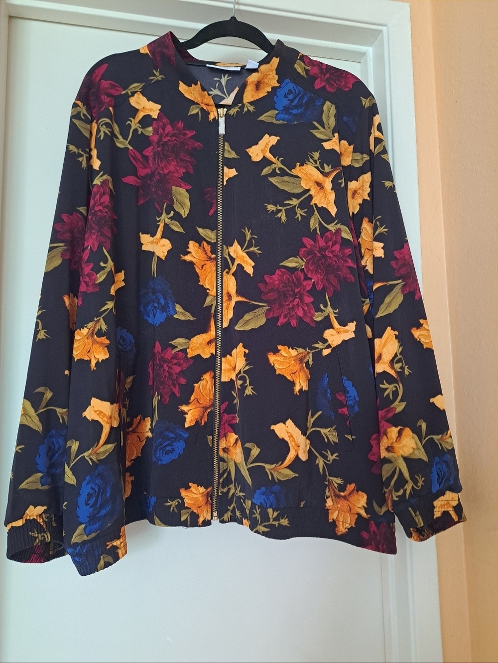 Floral Zip-Front Bomber Jacket - Black with Yellow, Red & Blue Floral Print